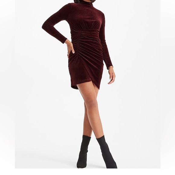 Small- VELVET BODY CONTOUR MOCK NECK RUCHED MINI DRESS - Picture 6 of 7